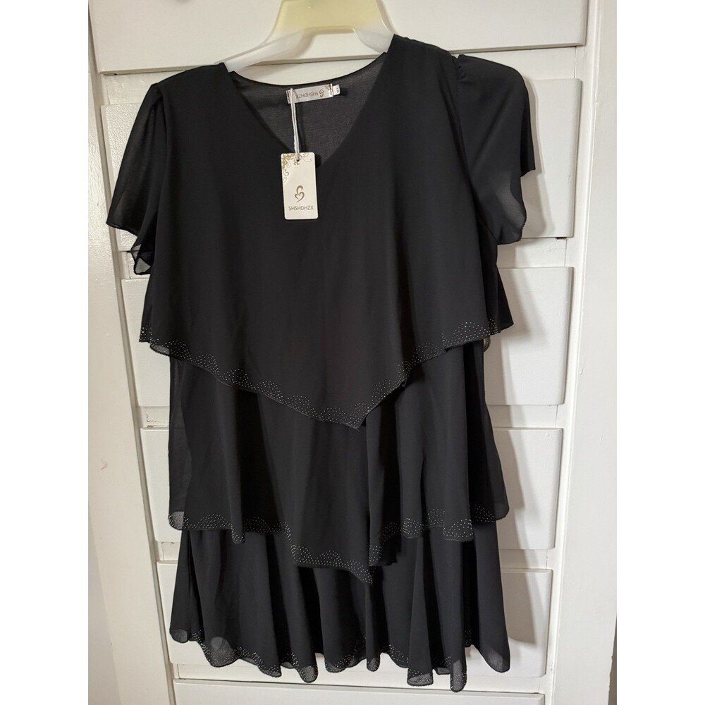 SHSHDHZX Women’s Black Chiffon Layered Studded Knee Dress XL V-Neck Short